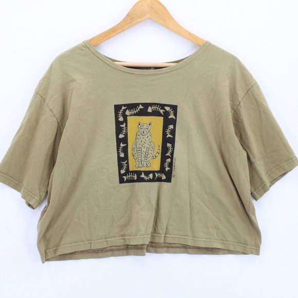 Vintage Artworks Limited Edition Cropped Shirt Women Brown Cat Art Graphic M 90s - Picture 1 of 10